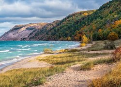 Plaża, Esch Beach, Trawy, Góry, Jezioro, Lake Michigan, Stan Michigan, Stany Zjednoczone