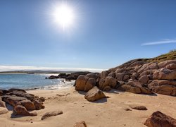 Morze, Plaża, Keadue Beach, Skały, Kamienie, Promienie słońca, Hrabstwo Donegal, Irlandia