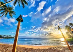 Hawaje, Wyspa Maui, Morze, Plaża, Palmy, Wschód słońca, Chmury