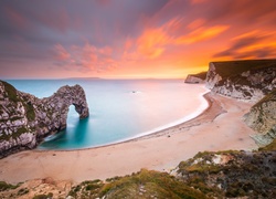 Anglia, Morze, Wybrzeże Jurajskie, Zachód słońca, Skały, Plaża, Łuk wapienny, Durdle Door