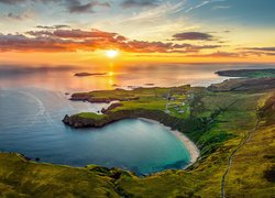 Wybrzeże, Zachód słońca, Morze, Zatoka, Plaża, Silver Strand Horseshoe Beach, Malin Beg, Hrabstwo Donegal, Irlandia