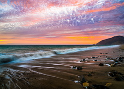 Morze, Zachód słońca, Plaża, Kamienie