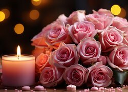 Płonąca świeca obok bukietu różowych róż
