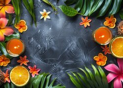 Kompozycja, Kwiaty, Plumeria, Liście, Świeczki, Ciemne, Tło