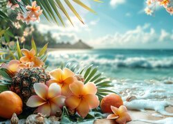 Morze, Plaża, Palmy, Kwiaty, Plumeria, Owoce, Ananas, Pomarańcze