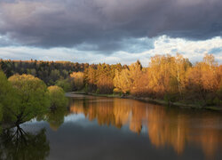 Pochmurne niebo nad lasem i rzeką