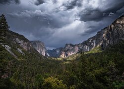 Stany Zjednoczone, Kalifornia, Park Narodowy Yosemite, Góry, Skały, Zachmurzone, Niebo, Drzewa