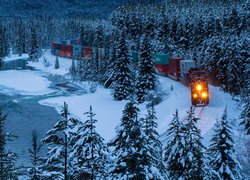 Pociąg jadący w zaśnieżonym lesie obok rzeki Bow River