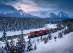 Pociąg jadący wzdłuż rzeki Bow River zimową porą