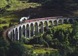 Szkocja, Glenfinnan, Dolina, Wiadukt Glenfinnan, Pociąg, Roślinność