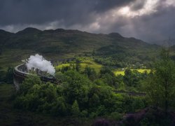 Szkocja, Miejscowość Glenfinnan, Góry, Dolina, Drzewa, Wiadukt Glenfinnan, Pociąg parowy