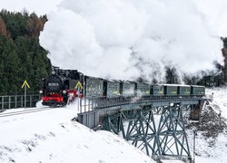Pociąg parowy na wiadukcie w zimowej scenerii