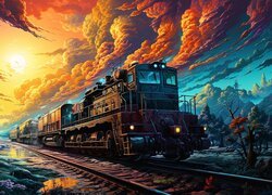 Pociąg towarowy na torach pod kolorowymi chmurami