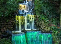 Podświetlany wodospad w Pukekura Park w New Plymouth w Nowej Zelandii