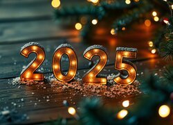 Nowy Rok, 2025, Cyfry, Podświetlone, Grafika, Deski