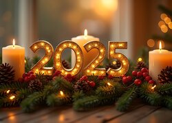 Świece, Nowy Rok, 2025, Świerkowe, Gałązki, Szyszki, Grafika