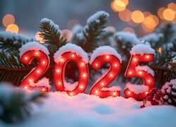 Podświetlone i ośnieżone czerwone cyfry 2025 obok ośnieżonych gałązek świerkowych