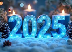 Niebieskie, Cyfry, Nowy Rok, 2025, Szyszki, Śnieg, Grafika