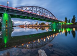 Rzeka, Dolny Ren, Podświetlony, Most, John Frost Bridge, Drzewa, Arnhem, Holandia