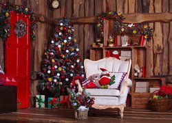 Boże Narodzenie, Pokój, Choinka, Fotel, Prezenty, Świąteczny, Wystrój