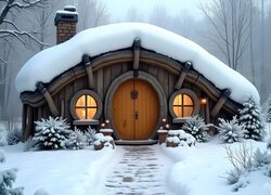 Domek, Hobbita, Śnieg, Zima, Grafika