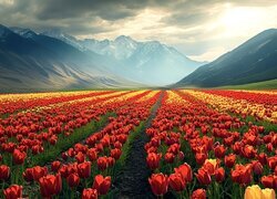 Góry, Pole, Tulipany, Czerwone, Żółte, Niebo, Pole tulipanów, Czerwone tulipany, Żółte tulipany