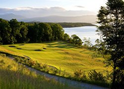 Pole golfowe, Cameron House Golf Course, Drzewa, Lasy, Jezioro Loch Lomond, Trawa, Wschód słońca, Szkocja
