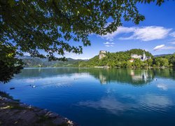 Słowenia, Jezioro Bled, Kościół, Kaczki, Góry, Drzewa, Wzgórze, Zamek Bled Castle