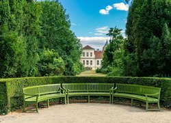 Ławka, Park, Dom, Drzewa, Krzewy