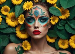 Pomalowana twarz kobiety wśród żółtych kwiatów