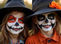 Dzieci, Pomalowane, Twarze, Halloween, Grafika