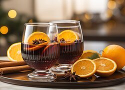 Pomarańcze i laski cynamonu obok dwóch kieliszków z grzanym winem na tacy