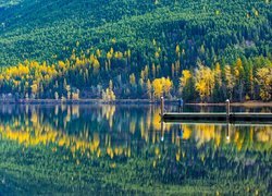 Stany Zjednoczone, Montana, Park Narodowy Glacier, Jezioro, Lake McDonald, Pomost, Mężczyzna, Góry, Lasy