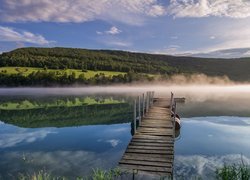 Pomost, Jezioro Myczkowskie, Mgła, Wzgórze, Myczkowce, Powiat leski, Polska