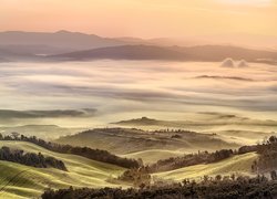 Poranna mgła nad wzgórzami i Doliną Val di Cecina w Toskanii