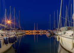 Jachty, Żaglówki, Port, Zachód słońca, Noc