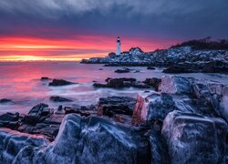 Morze, Latarnia morska, Portland Head Light, Kamienie, Zachód słońca, Cape Elizabeth, Maine, Stany Zjednoczone