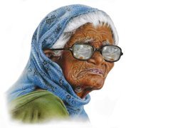 Portret starszej kobiety w chustce i okularach