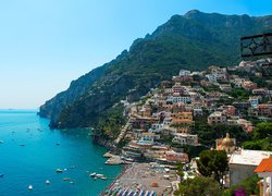 Włochy, Prowincja Salerno, Positano, Morze, Góry, Domy, Łódki