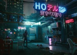 Postać na ulicy w kadrze z gry Cyberpunk 2077