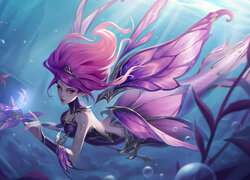 Gra, League of Legends, Postać, Nami, Syrena, Włosy, Ogon, Skrzydła, Głębia