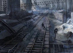 Postać w masce na torach kolejowych w zniszczonym mieście