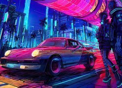 Postacie na ulicy obok Porsche w grze Cyberpunk 2077