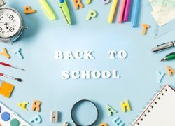 Przybory, Szkolne, Notes, Literki, Długopisy, Gumka, Pędzelki, Ekierka, Mazaki, Budzik, Napis, Back to school