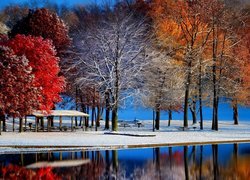 Jesień, Śnieg, Park, Drzewa, Altanka