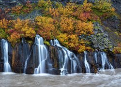 Jesień, Skały, Wodospad Hraunfossar, Pożółkła, Roślinność, Islandia