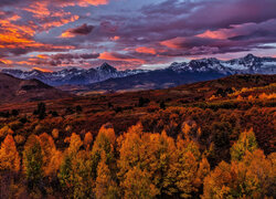 Jesień, Góry, Drzewa, Las, Chmury, Wzgórza, Zachód słońca, Kolorado, Stany Zjednoczone