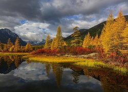 Jesień, Góry Kołymskie, Jezioro Nevidimka, Chmury, Drzewa, Roślinność, Kołyma, Magadan, Rosja