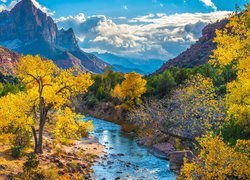 Jesień, Góry, Góra Watchman, Rzeka, Virgin River, Drzewa, Chmury, Park Narodowy Zion, Utah, Stany Zjednoczone