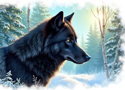 Profil czarnego wilka na tle zimowego lasu w grafice
